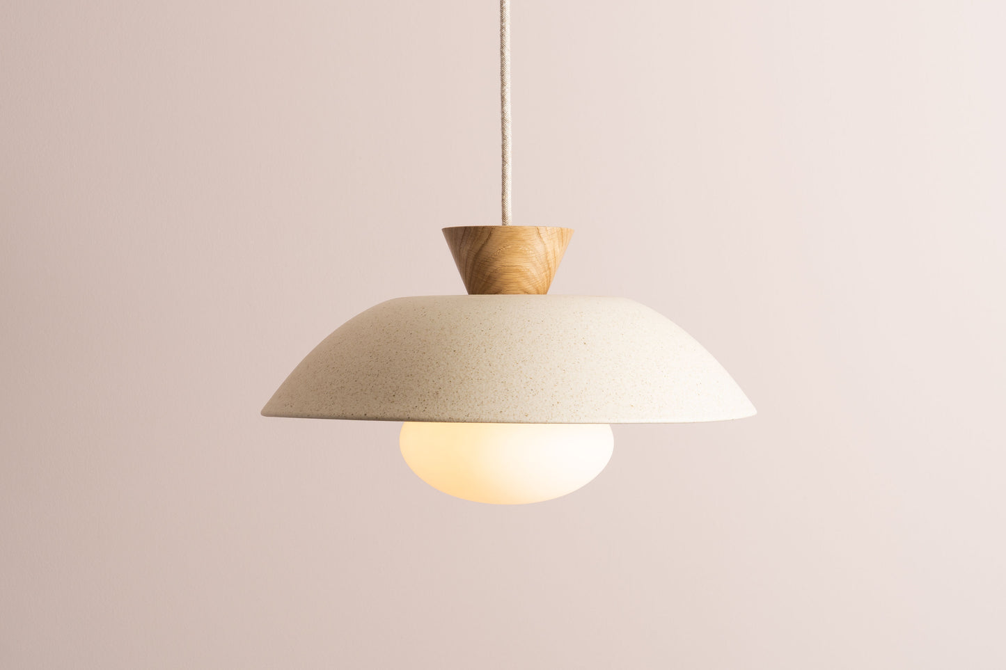 Speckled Cream Matt Dawn Pendant Light in Ceramic and Oak