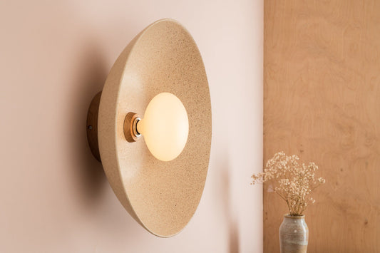 Speckled Cream Matt XL Dawn Wall Light Sconce in Ceramic and Oak by StudioHaran