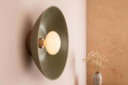 Green XL Dawn Wall Light Sconce in Ceramic and Oak by StudioHaran