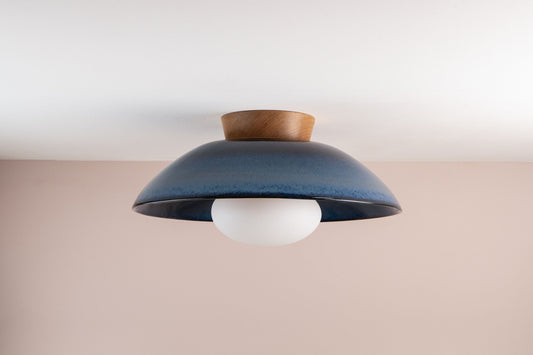 Blue XL Dawn Flush Mount Ceiling Light in Ceramic and Oak by StudioHaran