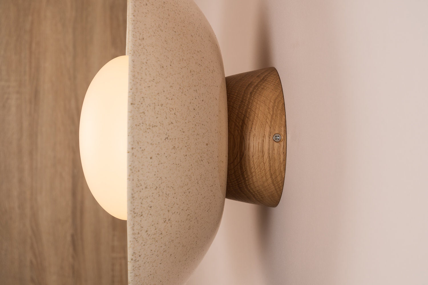 Speckled Cream Gloss Dawn Wall Light Sconce in Ceramic and Oak by StudioHaran