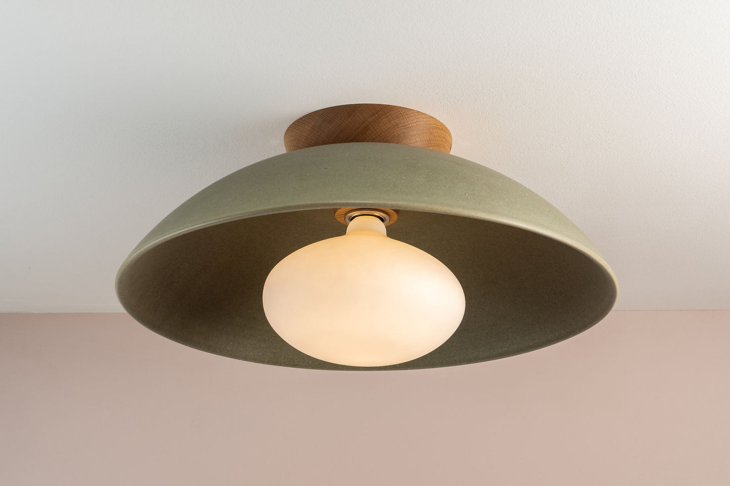 Green XL Dawn Flush Mount Ceiling Light in Ceramic and Oak by StudioHaran