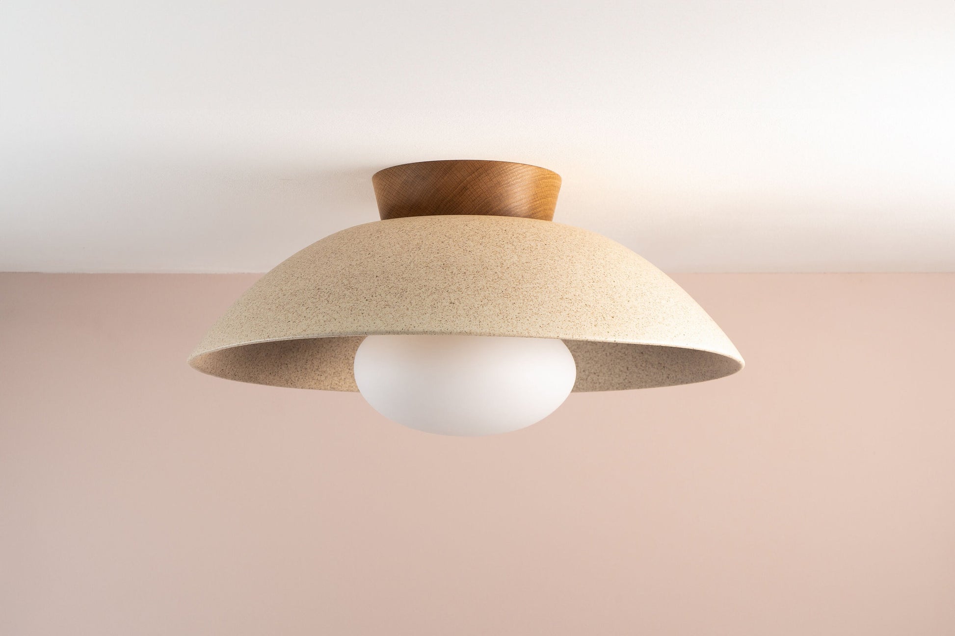 Speckled Cream Matt XL Dawn Flush Mount Ceiling Light in Ceramic and Oak by StudioHaran