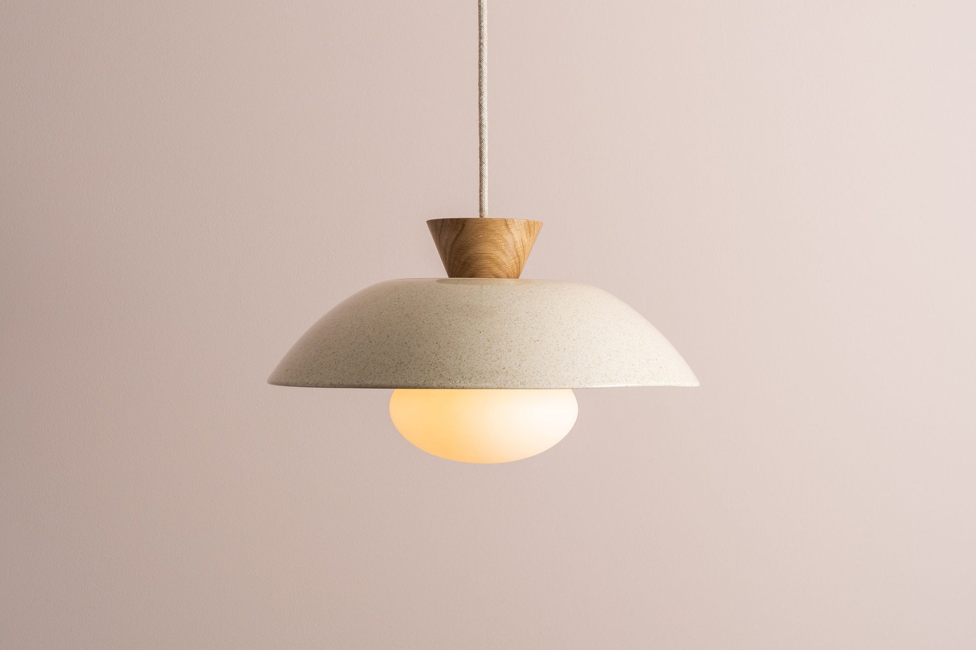 Speckled Cream Gloss Dawn Pendant Light in Ceramic and Oak by StudioHaran